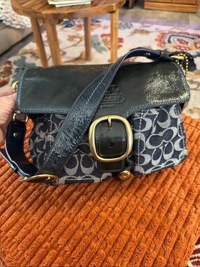 Coach Bleecker Patent Leather & Signature Navy Jacquard Shoulder Bag
